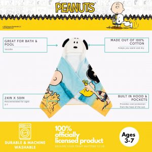 Peanuts Snoopy Toalla con capucha de algodón súper suave para niños, para baño/piscina/playa, 24 x 50 pulgadas, (Producto oficialmente licenciado) de Franco