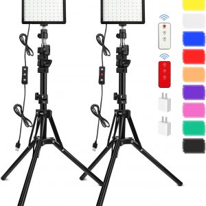 Paquete de 2 luces de video de 70 LED con soporte de trípode de 61.42 pulgadas/filtros de color, kit de disparo de luces de estudio USB 5600K para iluminación de fotografía, iluminación de