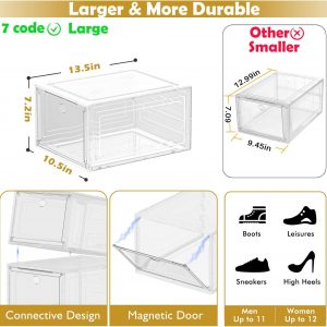 Thickened Clear Shoe Storage Organizer with Magnetic Door, Sturdy Stackable Shoe Boxes for Closet, Collapsible Space-Saving Shoe Rack for Sneakers & Boots, Plastic Shoe Cabinet Box Set, 6 Pack, White