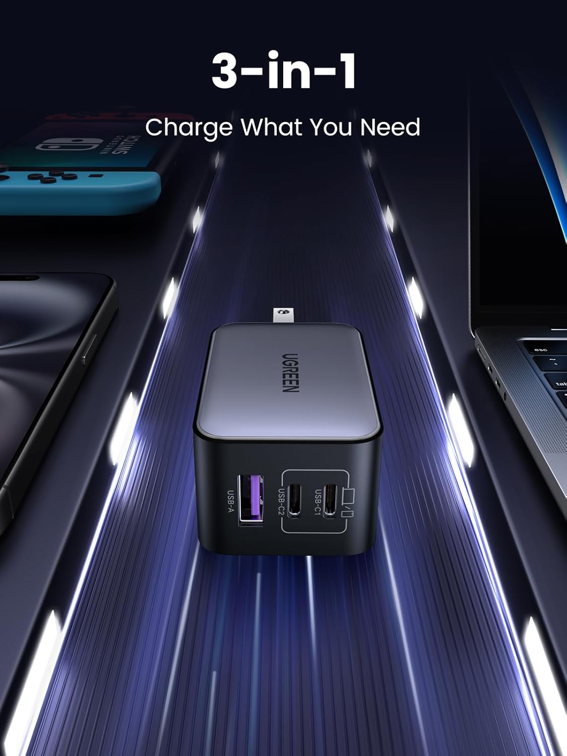 UGREEN Nexode 65W GaN USB C Wall Charger, 3-Port Compact Foldable Fast Charger Power Adapter for iPhone 17/16/15 Series, Galaxy S25/S24, Pixel 10/9, MacBook Pro/Air, Dell XPS, iPad Pro (Black)