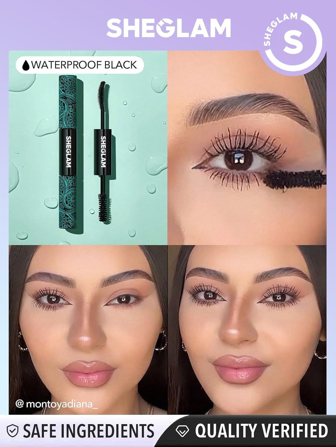 SHEGLAM 2 en 1 Máscara de Pestañas Negra Resistente al Agua con Volumen y Longitud, Tubo de Doble Punta, Maquillaje de Ojos de Larga Duración