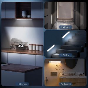 Iluminación para debajo del gabinete de 10 pulgadas con 3 temperaturas de color, paquete de 2 luces recargables con sensor de movimiento para interiores, 5 niveles regulables, luces magnéticas