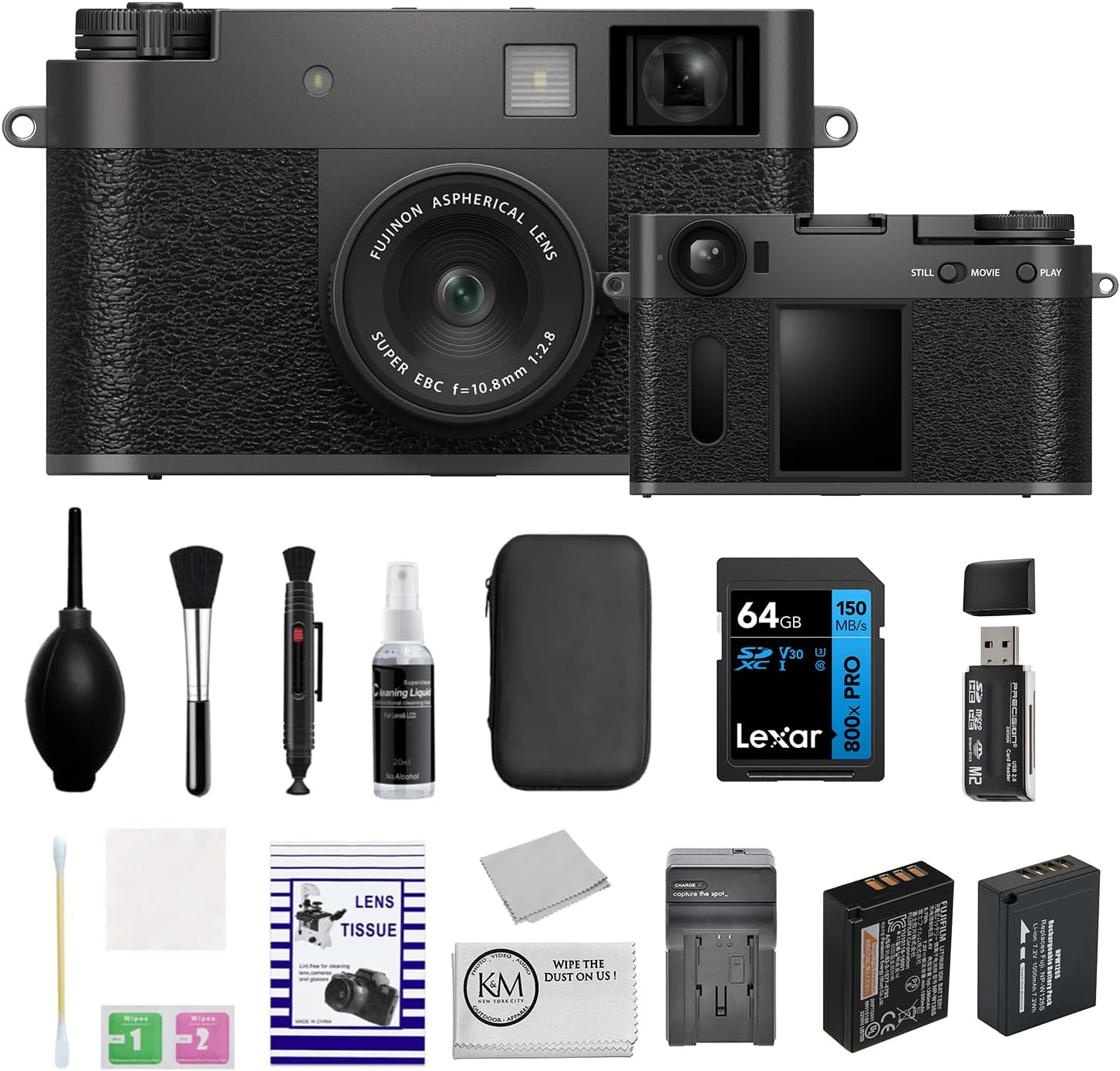 FUJIFILM X Half Premium Compact Camera | Charcoal Silver Bundled with 64GB Memory Card + Extra Battery + Charger + Cleaning Kit + Microfiber Cloth (7 Items)