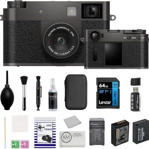 FUJIFILM X Half Premium Compact Camera | Charcoal Silver Bundled with 64GB Memory Card + Extra Battery + Charger + Cleaning Kit + Microfiber Cloth (7 Items)