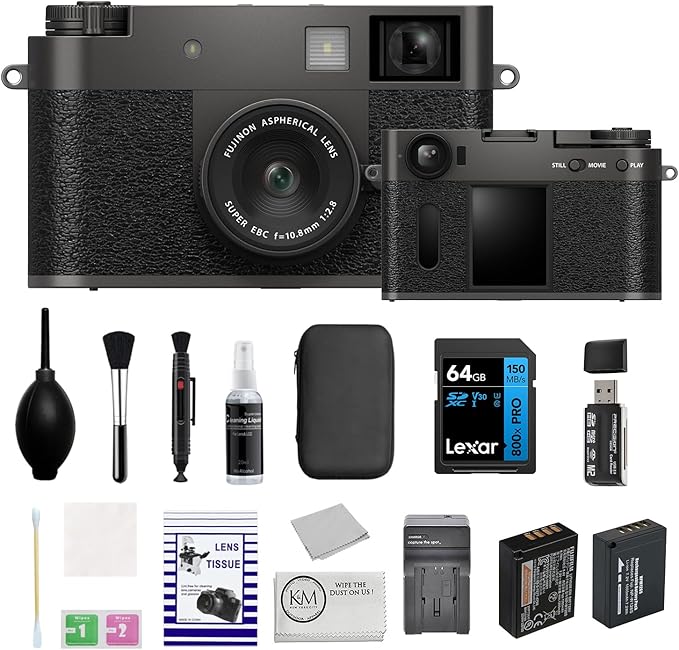 FUJIFILM X Half Premium Compact Camera | Charcoal Silver Bundled with 64GB Memory Card + Extra Battery + Charger + Cleaning Kit + Microfiber Cloth (7 Items)