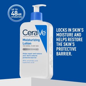 CeraVe Loción hidratante diaria para piel seca, loción corporal y hidratante facial con ácido hialurónico y ceramidas, hidratante diario, sin fragancia, sin aceite, 12 onzas