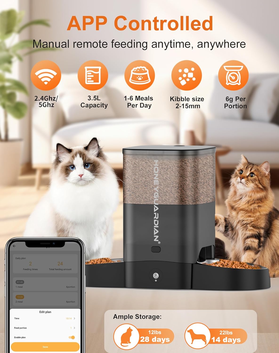 HoneyGuaridan Comedero automático para gatos para dos gatos, alimentador inteligente WiFi 5G con cuenco de acero inoxidable, dispensador de control de aplicación, fuente de alimentación doble, bolsa