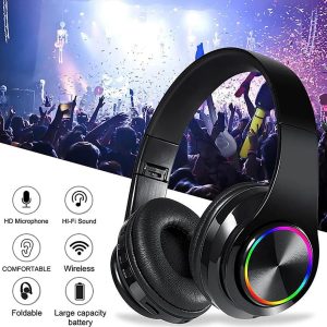 Auriculares Bluetooth sobre la oreja, auriculares inalámbricos con reducción de ruido y micrófono/bajo profundo, auriculares LED plegables y ligeros HiFi estéreo para PC, hogar, viajes