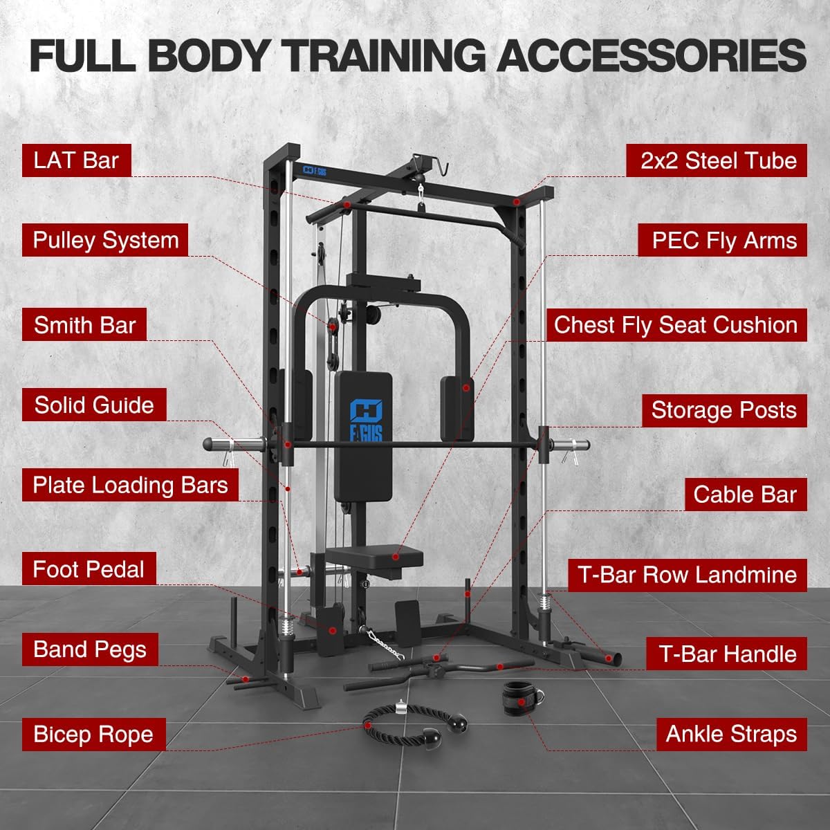 FAGUS Smith Machine Home Gym Power Cage with Pulley System, Space Saving Design Squat Rack with Full Body Strength Training Attachments, PEC Station & Fixed Cable Crossover Optional