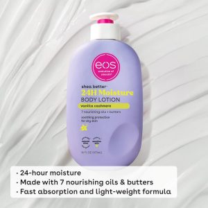 eos Shea Better Loción corporal Vanilla Cashmere, cuidado de la piel con humedad las 24 horas, ligera y no grasosa, karité natural, vegano, loción corporal de vainilla, 16 onzas líquidas