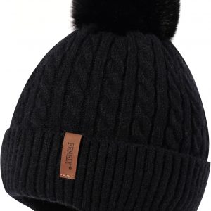 FENELY - Gorro de invierno para niñas y niños de 3 a 12 años, gorro de punto cálido con orejeras y pompón, forro grueso de felpa para niños