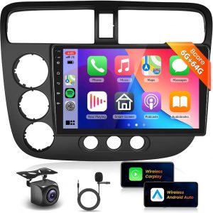 8 Core 6G 128G Car Stereo Radio for Honda Civic 2001-2005 with Wireless CarPlay Android Auto DSP/36EQ MirrorLink 9 inch 1280x720P IPS Touchscreen Bluetooth 5.0 GPS FM/RDS WiFi AHD Backup Camera