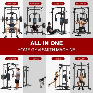 FAGUS Smith Machine Home Gym Power Cage with Pulley System, Space Saving Design Squat Rack with Full Body Strength Training Attachments, PEC Station & Fixed Cable Crossover Optional