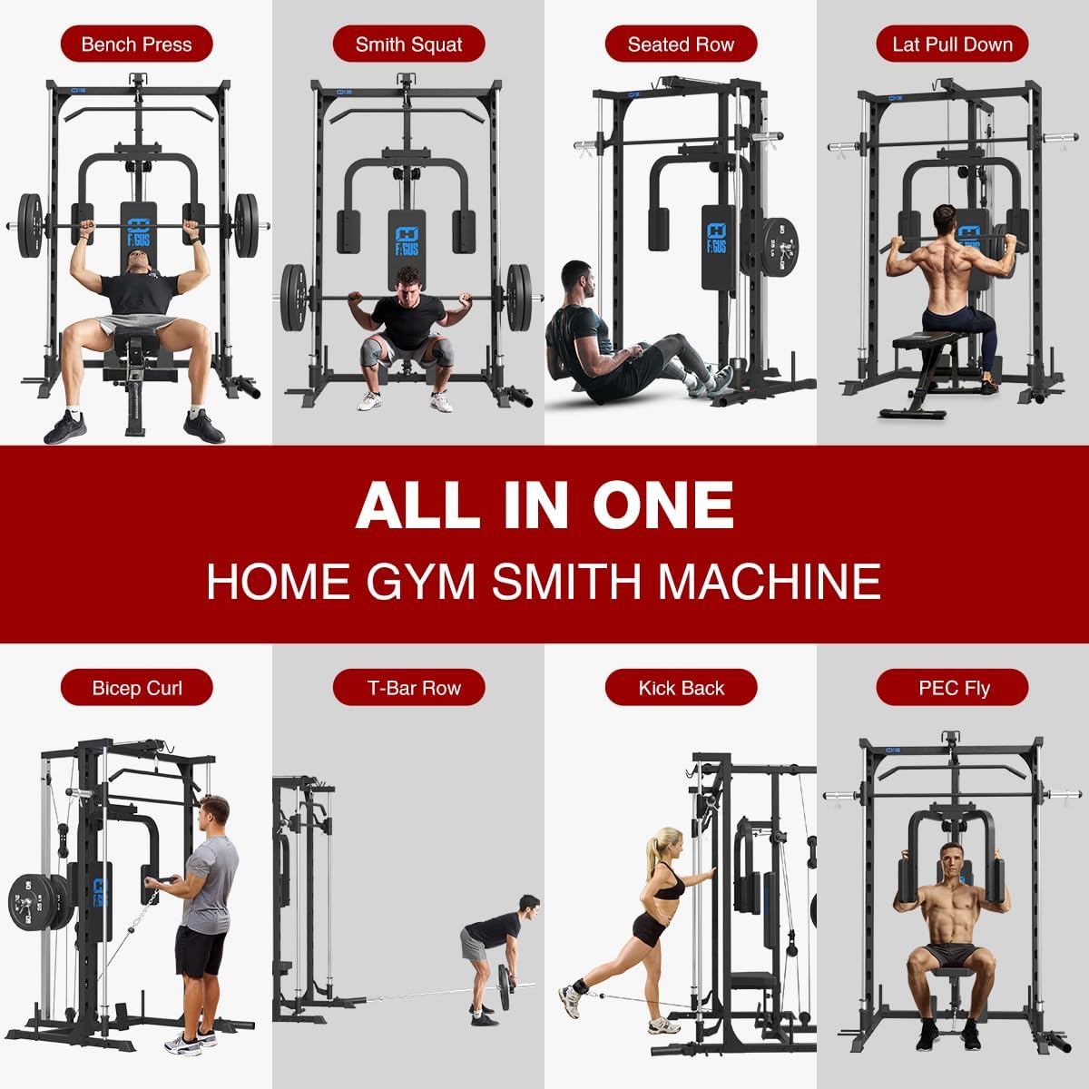 FAGUS Smith Machine Home Gym Power Cage with Pulley System, Space Saving Design Squat Rack with Full Body Strength Training Attachments, PEC Station & Fixed Cable Crossover Optional