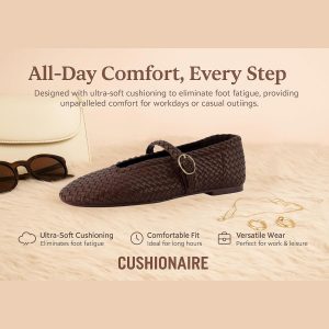CUSHIONAIRE Bistro Mary Jane Flats for Women, Woven Ballet Flats Shoes with Strap and Memory Foam for All-Day Comfort