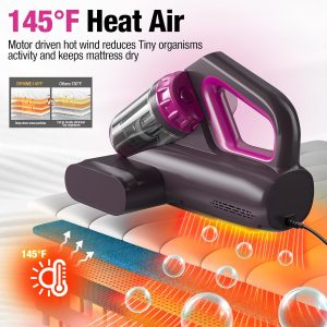 Aspiradora de colchón, aspiradora de cama de 17 kPa 650 W, luz UV-C de 273 nm y calentamiento ultrasónico de 145 °F, rotación de cepillo de 80000 RPM/min, puerto de succión ancho para almohadas