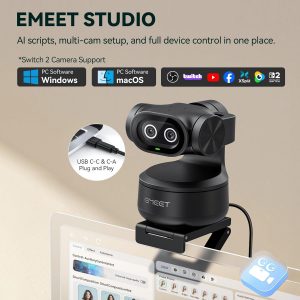 EMEET PIXY Dual-Camera AI-Powered PTZ Camera 4K, AI Tracking, PDAF&AI Autofocus 0.2s, 1/2.55'' Sony Sensor, 3 Mics, Presets, Gesture Control, 4K Webcam for Streaming and OBS/Twitch/Switch 2 Compatible