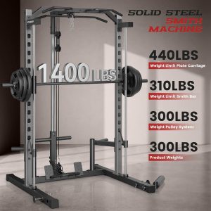 OPPSDECOR Smith Machine Power Rack para gimnasio en casa – Estante de sentadillas todo en uno con tracción LAT, máquina de cable y barra de barra, equipo de entrenamiento de fuerza multifuncional
