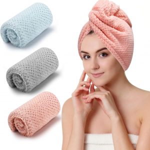 3 PCS Microfiber Hair Towel, Hair Wraps for Women Wet Hair, Fast Drying Hair Turban, Anti Frizz Head Towels Wrap for Curly Hair (Grey, Pink, Blue)