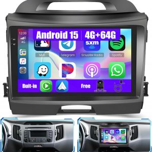 [4G+64G] Android 15 Car Radio for Kia Sportage 2010-2016 with Wireless Carplay/Android Auto, 9 Inch HD Touchscreen Car Stereo with GPS WiFi Bluetooth FM/RDS EQ SWC Backup Camera MIC