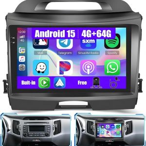 [4G+64G] Android 15 Car Radio for Kia Sportage 2010-2016 with Wireless Carplay/Android Auto, 9 Inch HD Touchscreen Car Stereo with GPS WiFi Bluetooth FM/RDS EQ SWC Backup Camera MIC