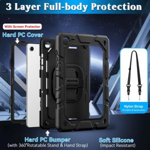 Grifobes for Samsung Galaxy Tab A11 Plus 2025 / A9 Plus 11 Inch 2023 Cases, Shockproof Heavy Duty Cover with Screen Protector, 360 Rotating Stand, Hand & Shoulder Strap for A11+ / A9+, Black