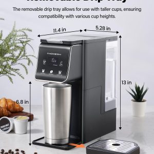 K Cup Coffee Maker With Bold Setting, Single Serve Hot & Iced Coffee Maker for K-Cup and Grounds, 52oz Removable Reservoir, 6 to14oz Brew Sizes, Pod Coffee Machine With Reusable Filter, Gray