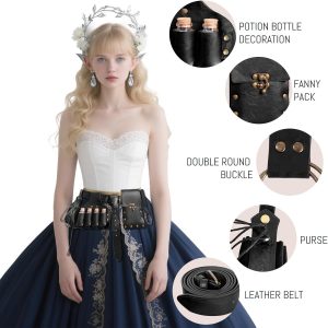 Renaissance Belt Pouch Set Include Potion Bottle| Fanny Pack| Coin Purse| Skirt Hike Loop| Belt, Perfect for Renaissance Faire & Cosplay Costume Accessories (Black-AA)