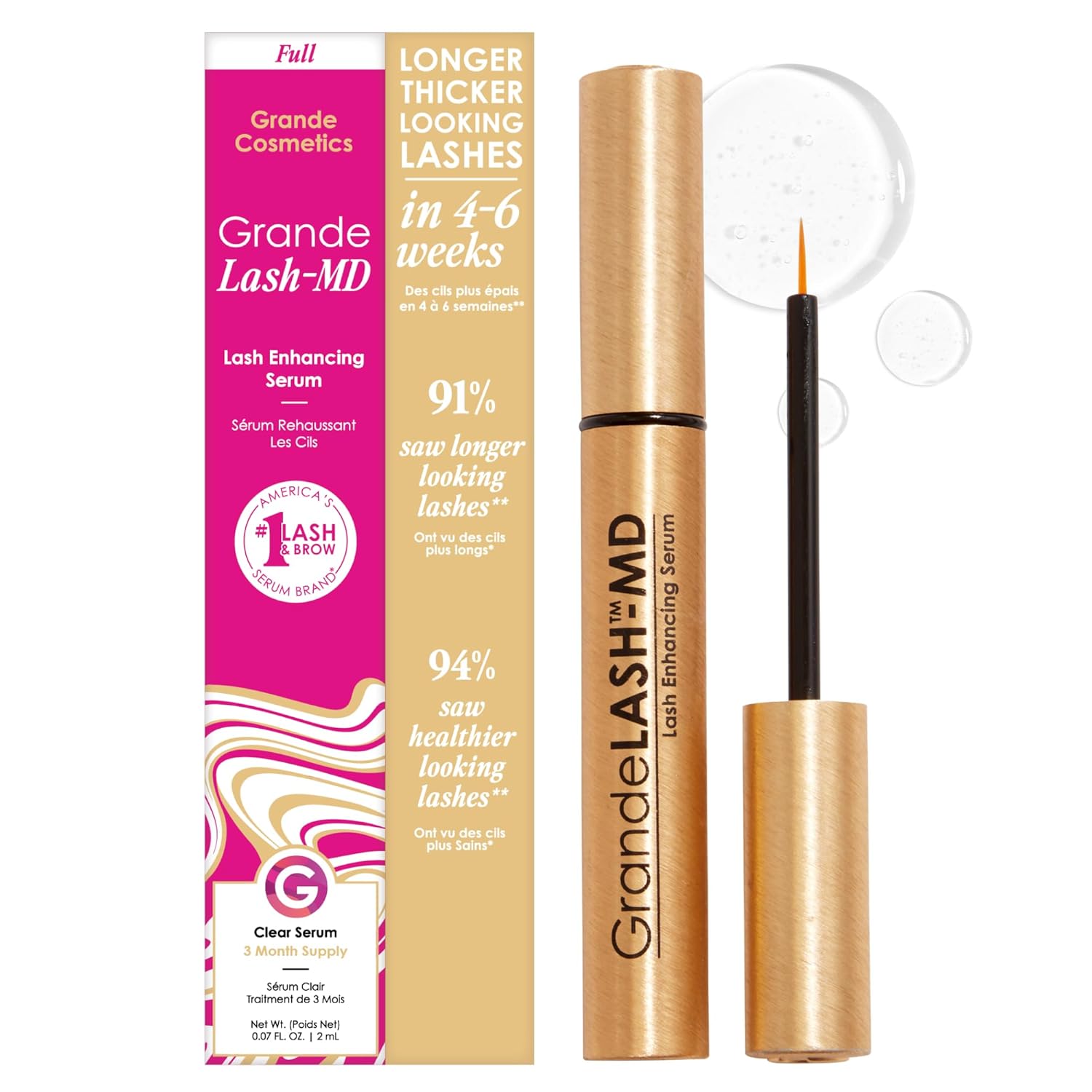 Grande Cosmetics GrandeLASH-MD Suero Potenciador de Pestañas - Fórmula Infundida con Péptidos y Vitaminas para Pestañas más Largas, Gruesas y de Aspecto más Completo - Probado por Oftalmólogos, Sin