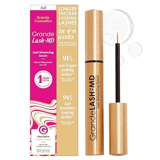 Grande Cosmetics GrandeLASH-MD Suero Potenciador de Pestañas - Fórmula Infundida con Péptidos y Vitaminas para Pestañas más Largas, Gruesas y de Aspecto más Completo - Probado por Oftalmólogos, Sin
