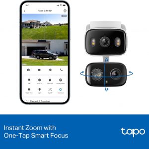 Tapo Cámara de seguridad de 2K 3MP con lente dual para interiores/exteriores con inclinación/rotación – Ángulo amplio de 125° + Telefoto de 6mm, detección gratuita de personas/vehículos, vista de 360°