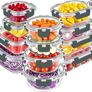 VERONES 12 Packs Glass Food Storage Containers Set, Airtight Glass Lunch Containers, Glass Meal Prep Containers with Lids,Exclusive of BPA, for Microwave, Oven, Freezer & Dishwasher Friendly,Grey