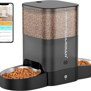 HoneyGuaridan Comedero automático para gatos para dos gatos, alimentador inteligente WiFi 5G con cuenco de acero inoxidable, dispensador de control de aplicación, fuente de alimentación doble, bolsa