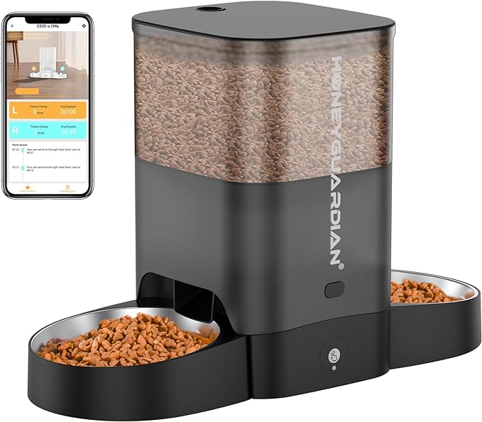 HoneyGuaridan Comedero automático para gatos para dos gatos, alimentador inteligente WiFi 5G con cuenco de acero inoxidable, dispensador de control de aplicación, fuente de alimentación doble, bolsa