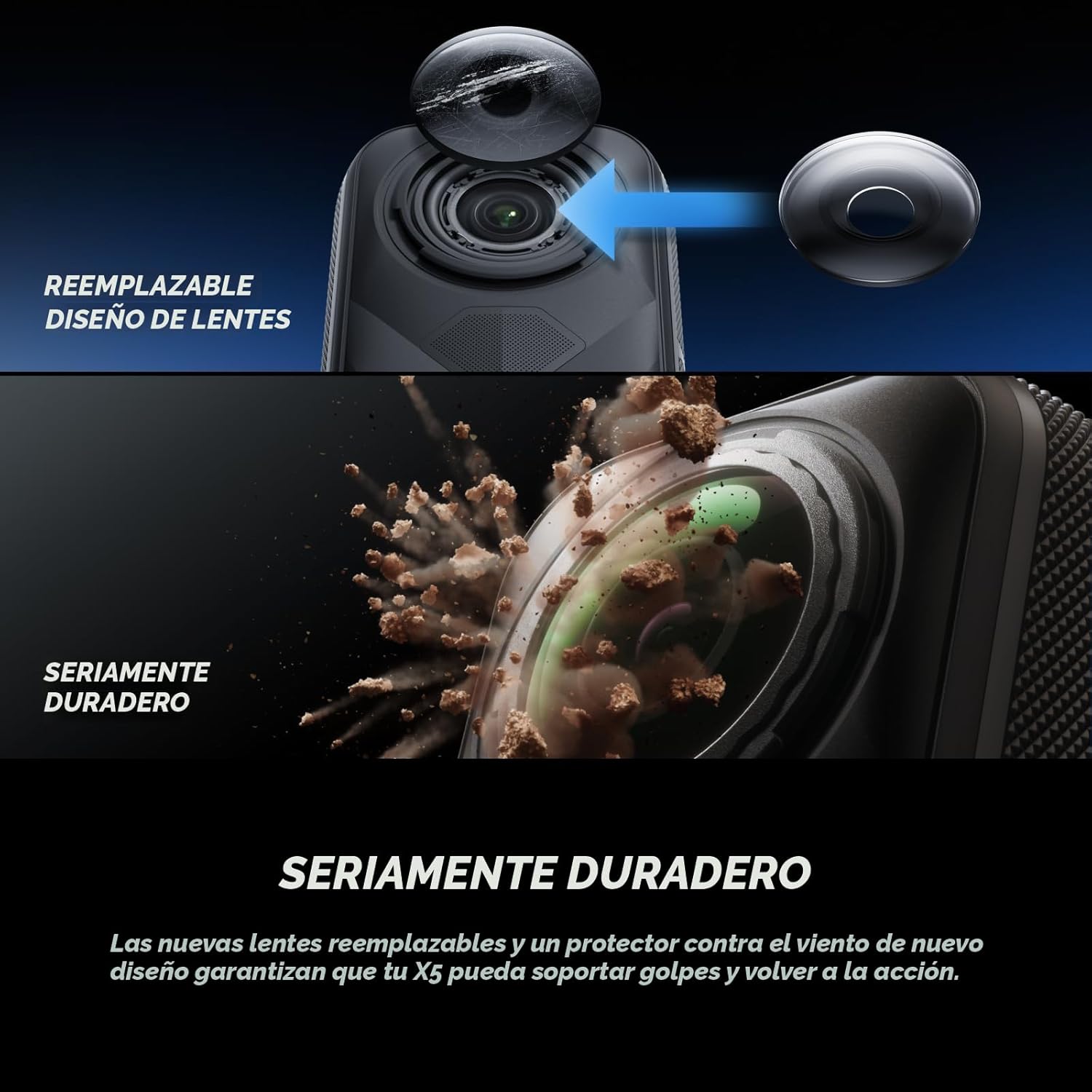 Insta360 X5 - Cámara de acción impermeable de 8K 360°, líder en poca luz, efecto de palo invisible para selfies, lente resistente y reemplazable, batería de 3 horas, protector contra el viento