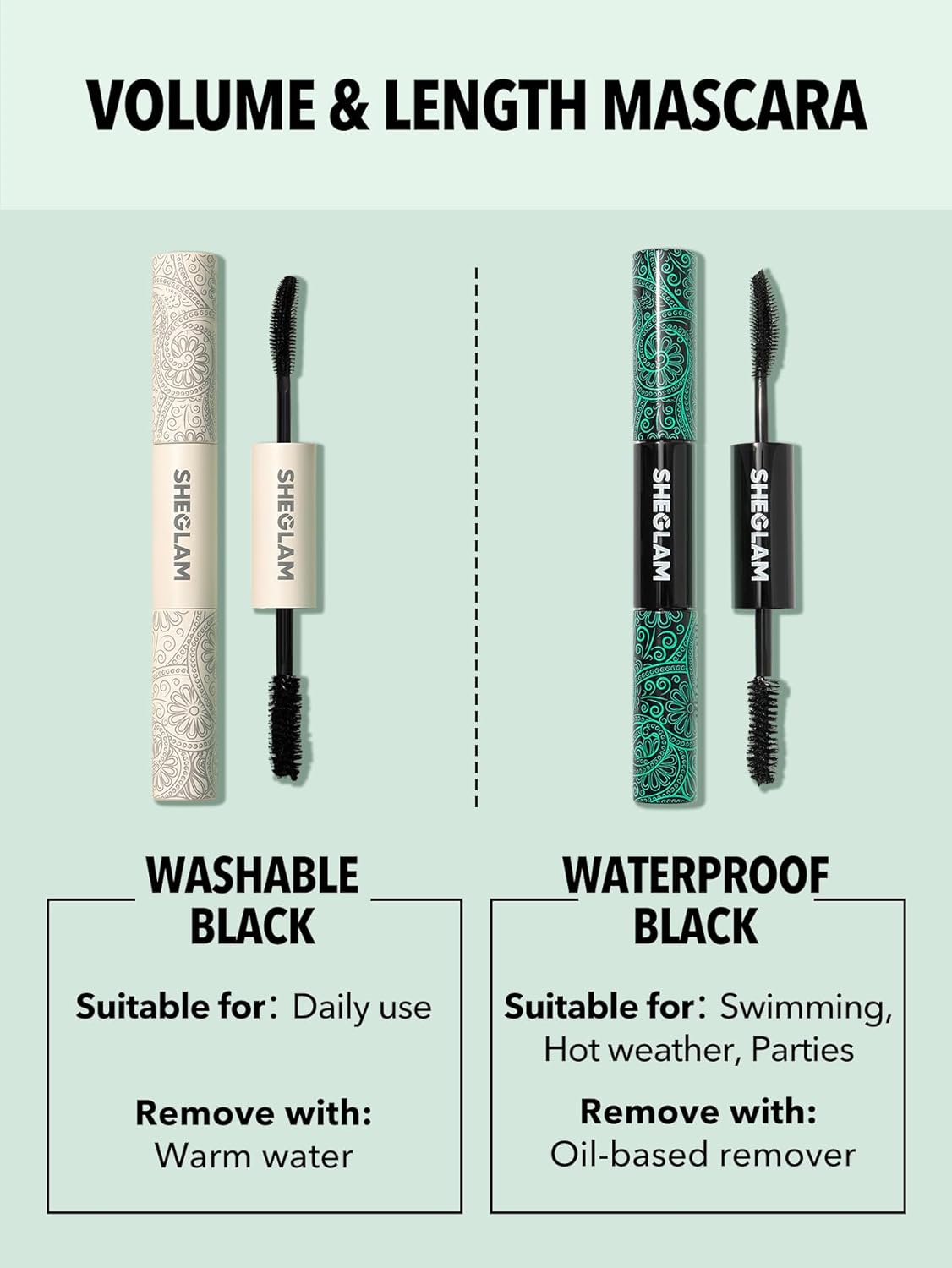 SHEGLAM 2 en 1 Máscara de Pestañas Negra Resistente al Agua con Volumen y Longitud, Tubo de Doble Punta, Maquillaje de Ojos de Larga Duración