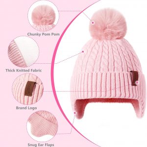 FENELY - Gorro de invierno para niñas y niños de 3 a 12 años, gorro de punto cálido con orejeras y pompón, forro grueso de felpa para niños