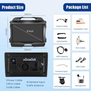 [4G+64G] Android 15 Car Radio for Kia Sportage 2010-2016 with Wireless Carplay/Android Auto, 9 Inch HD Touchscreen Car Stereo with GPS WiFi Bluetooth FM/RDS EQ SWC Backup Camera MIC