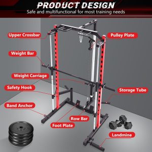 OPPSDECOR Smith Machine - Estante para sentadillas con soporte de alimentación multifuncional LAT-Pull Down con cable cruzado de máquina, jaula de potencia con barra de barra, accesorios de