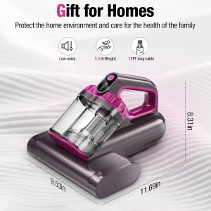 Aspiradora de colchón, aspiradora de cama de 17 kPa 650 W, luz UV-C de 273 nm y calentamiento ultrasónico de 145 °F, rotación de cepillo de 80000 RPM/min, puerto de succión ancho para almohadas