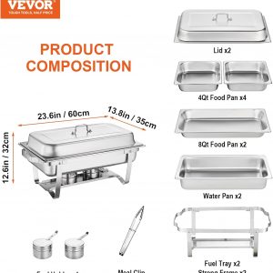 VEVOR Chafing Dish Buffet Set, 8 Qt 2 Pack, Stainless Steel Chafer with 2 Full Size Pans, Rectangle Catering Warmer Server with Glass Lid Water Pan Folding Stand Fuel Holder, for Wedding Party Banquet