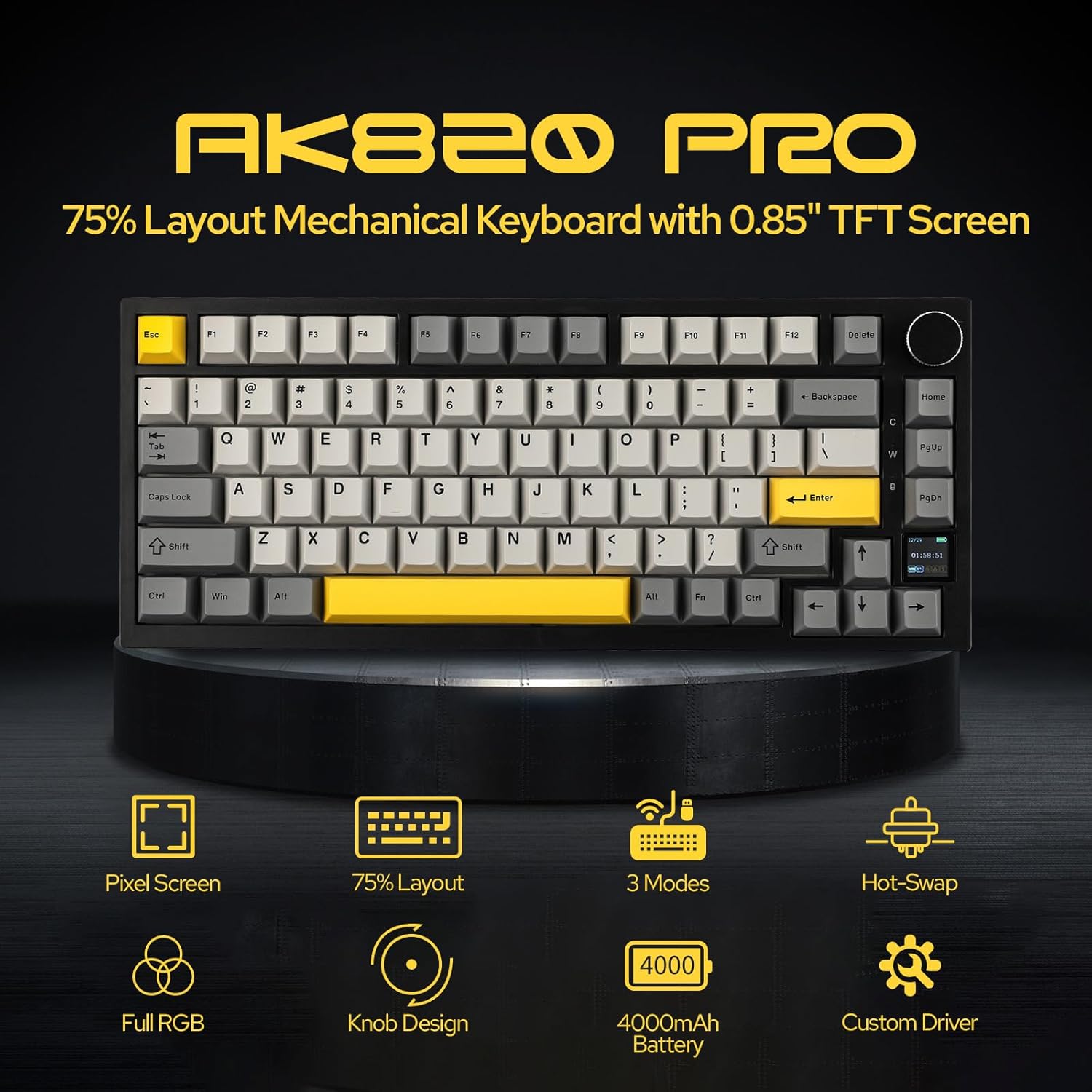 EPOMAKER Ajazz AK820 Pro 75% Wireless Mechanical Keyboard with TFT Smart Display&Knob, Gasket-Mounted Gaming Keyboard, BT/2.4GHz/USB-C Wired (Grey, Gift Switch)