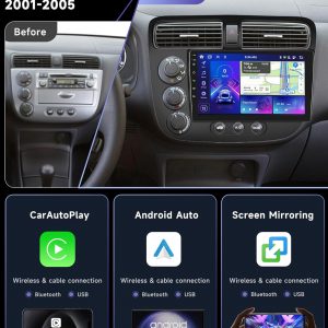 8 Core 6G 128G Car Stereo Radio for Honda Civic 2001-2005 with Wireless CarPlay Android Auto DSP/36EQ MirrorLink 9 inch 1280x720P IPS Touchscreen Bluetooth 5.0 GPS FM/RDS WiFi AHD Backup Camera