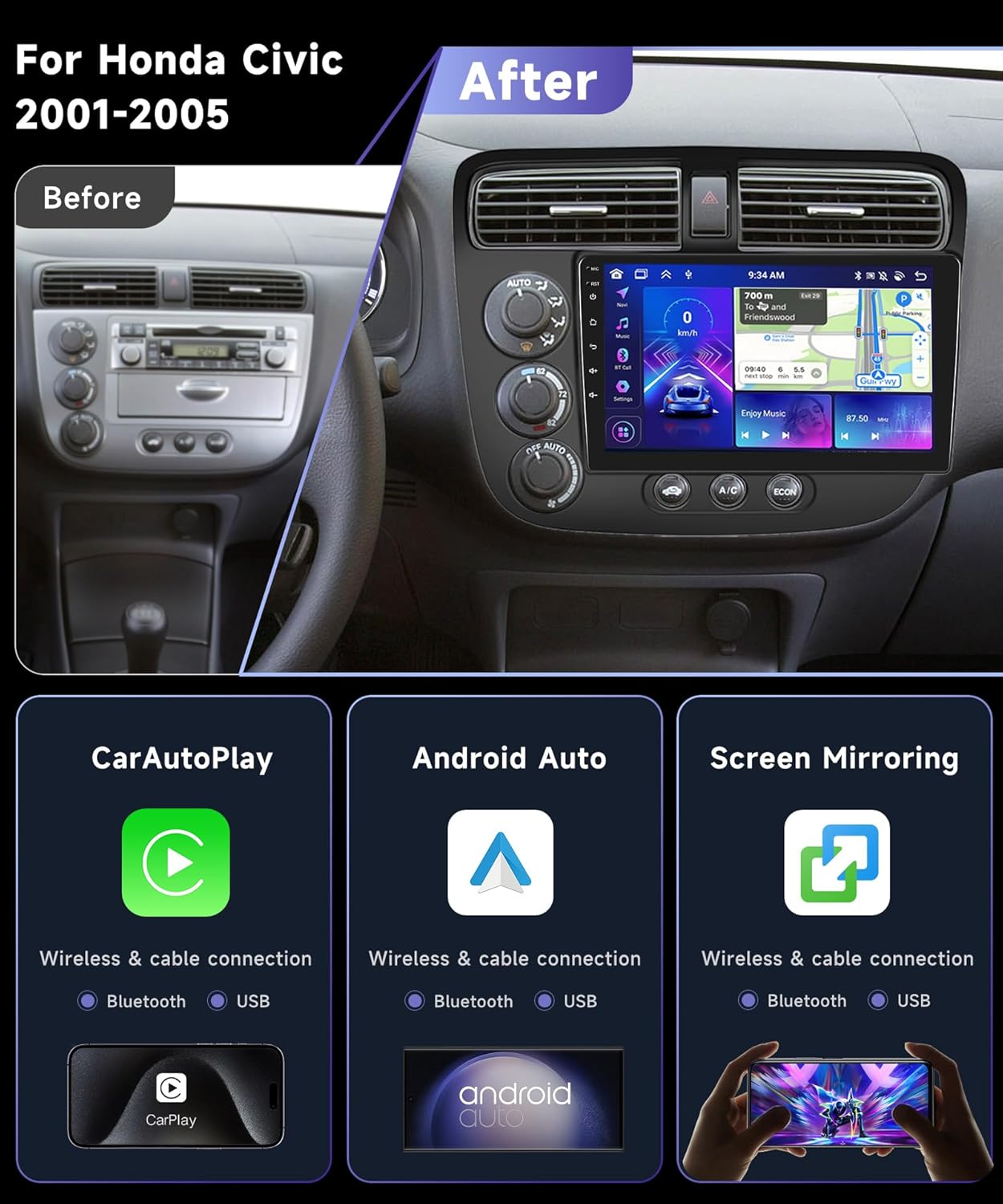 8 Core 6G 128G Car Stereo Radio for Honda Civic 2001-2005 with Wireless CarPlay Android Auto DSP/36EQ MirrorLink 9 inch 1280x720P IPS Touchscreen Bluetooth 5.0 GPS FM/RDS WiFi AHD Backup Camera