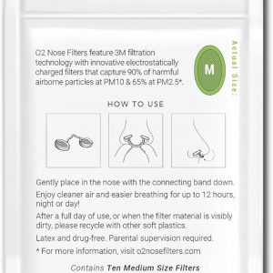 Filtros de nariz O2 con filtración 3M, pantallas nasales para alergias, polvo y humo, filtros nasales sin drogas y sin látex, protección invisible contra alergias (medio x 10)