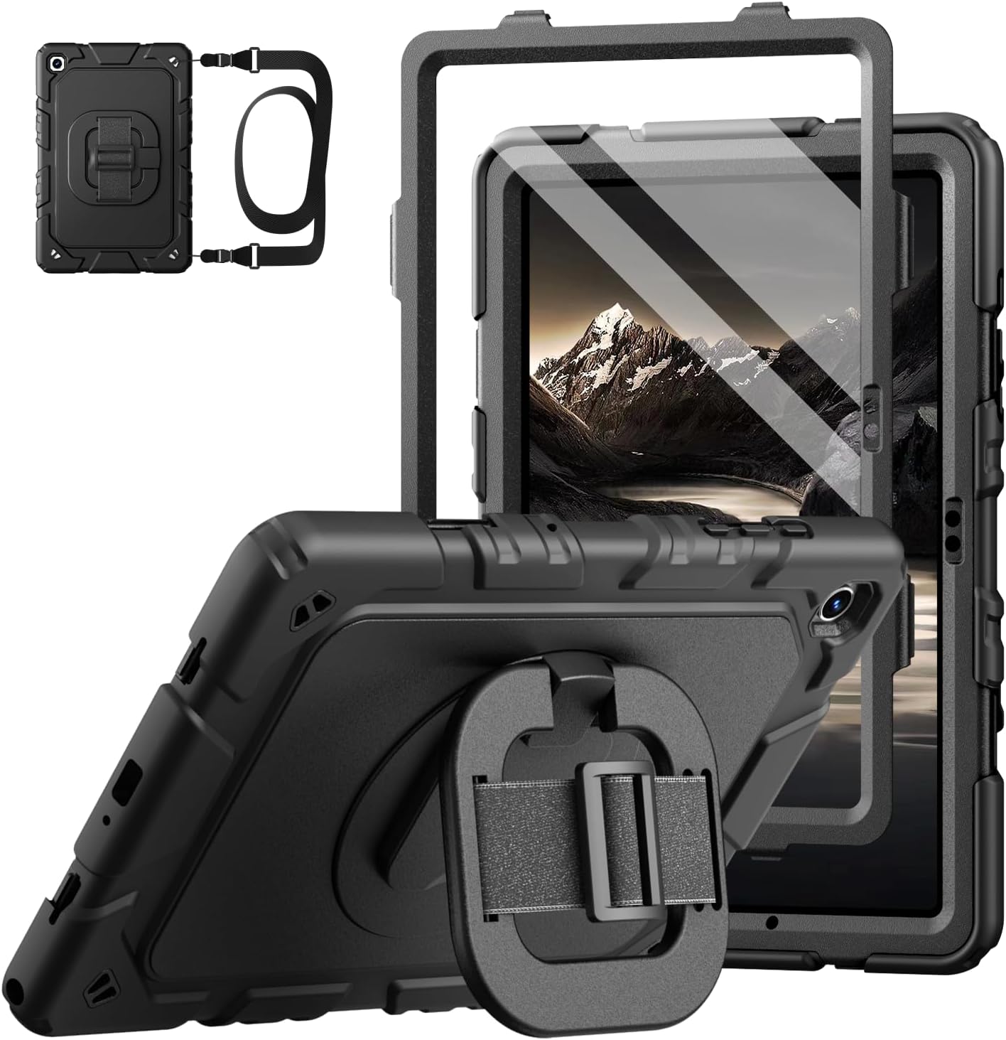 Grifobes for Samsung Galaxy Tab A11 Plus 2025 / A9 Plus 11 Inch 2023 Cases, Shockproof Heavy Duty Cover with Screen Protector, 360 Rotating Stand, Hand & Shoulder Strap for A11+ / A9+, Black