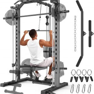 OPPSDECOR Smith Machine Power Rack para gimnasio en casa – Estante de sentadillas todo en uno con tracción LAT, máquina de cable y barra de barra, equipo de entrenamiento de fuerza multifuncional