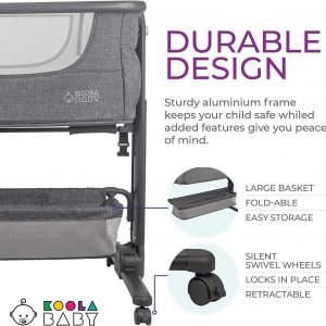 KoolerThings Baby Bassinet, Bedside Sleeper for Baby, Easy Folding Portable Crib with Storage Basket for Newborn, Bedside Bassinet, Comfy Mattress/Travel Bag Included (Bassinet) (Grey)