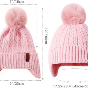 FENELY - Gorro de invierno para niñas y niños de 3 a 12 años, gorro de punto cálido con orejeras y pompón, forro grueso de felpa para niños