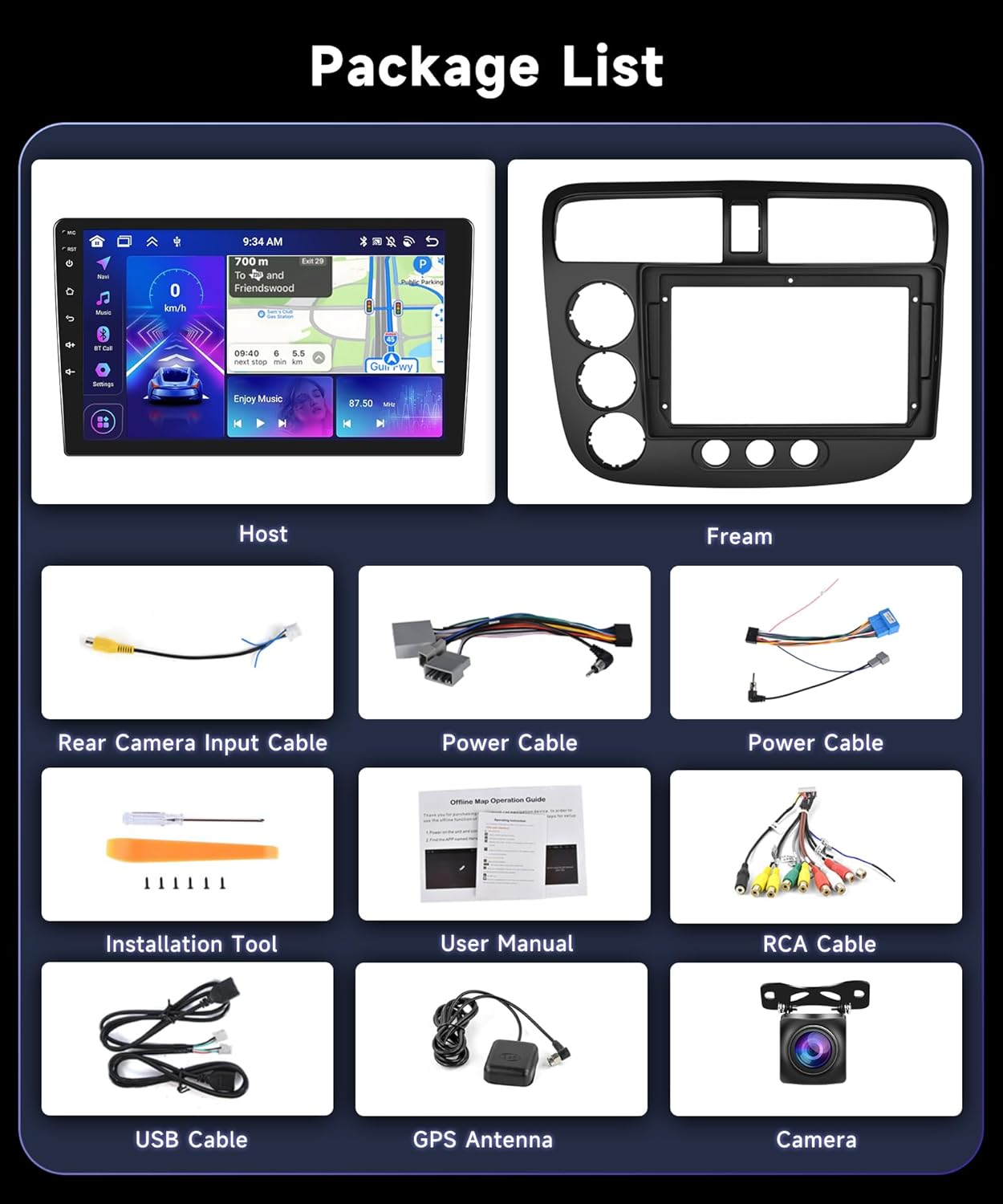 8 Core 6G 128G Car Stereo Radio for Honda Civic 2001-2005 with Wireless CarPlay Android Auto DSP/36EQ MirrorLink 9 inch 1280x720P IPS Touchscreen Bluetooth 5.0 GPS FM/RDS WiFi AHD Backup Camera
